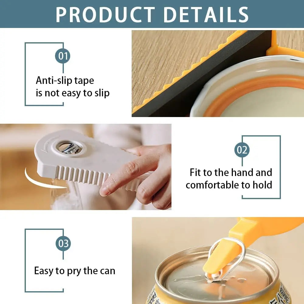 Product details collage: anti-slip tape underside, hand gripping the opener on a jar lid, and the ring puller opening a soda can