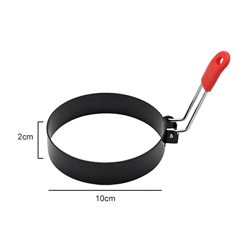 Black egg ring with red silicone handle, dimension diagram showing 10cm diameter and 2cm height