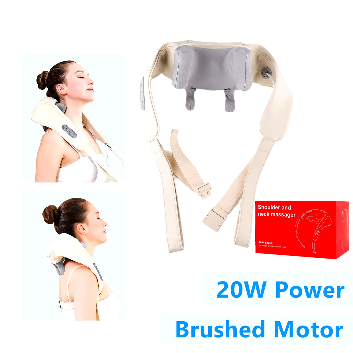 Cream neck massager viewed from behind with straps crossed in an X, red retail box and lifestyle insets alongside