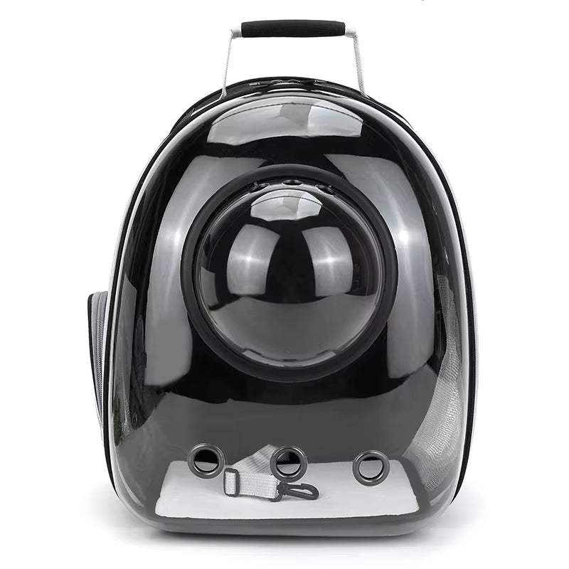 Front-facing studio shot of the empty black carrier backpack with bubble window and top handle
