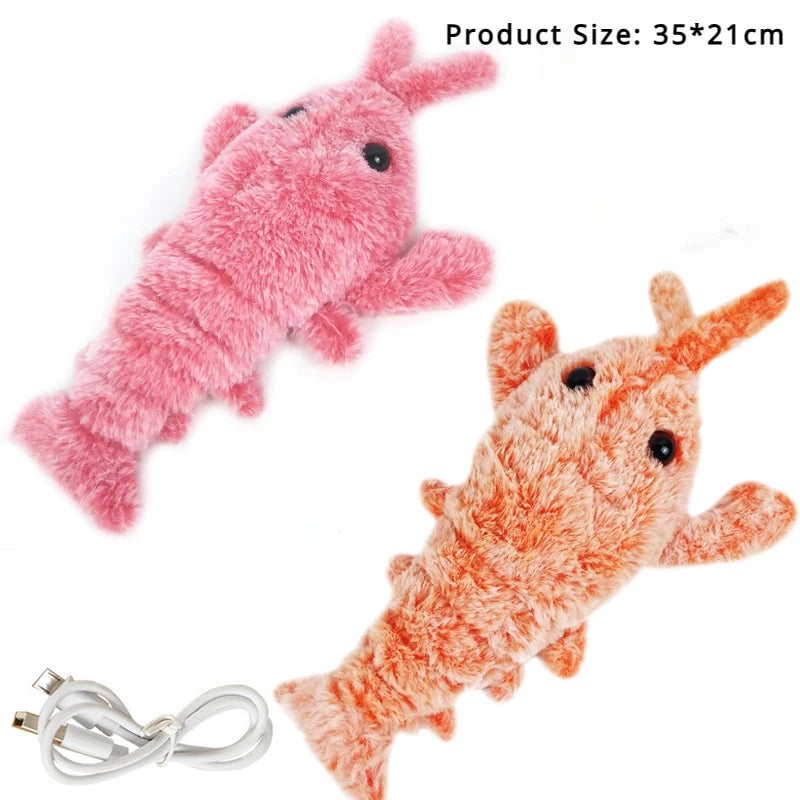 Pink and orange plush shrimp toys with a white USB cable and text noting product size 35 by 21cm