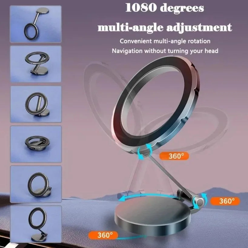 Six thumbnails of the mount folding and rotating through positions, plus a main shot labeled 1080-degree adjustment