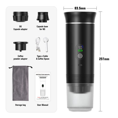 Flat lay of included accessories - capsule adapters, USB-C cable, spoon, storage bag, manual - beside the machine