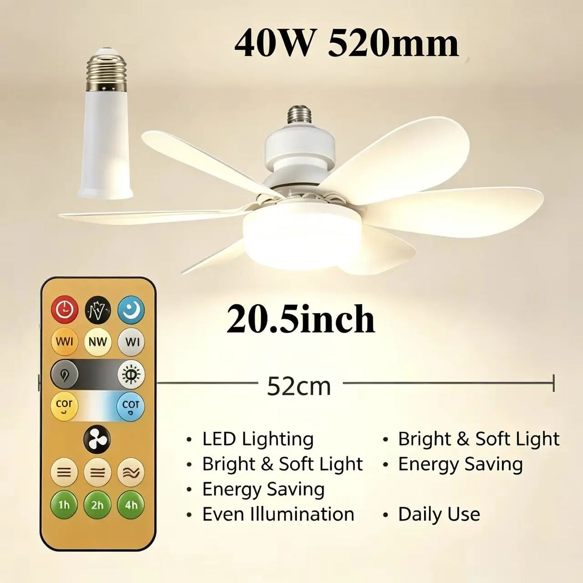 Infographic showing 40W, 520mm blade span, 20.5-inch diameter and features: LED lighting, energy saving, even illumination