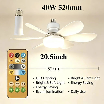 Infographic showing 40W, 520mm blade span, 20.5-inch diameter and features: LED lighting, energy saving, even illumination