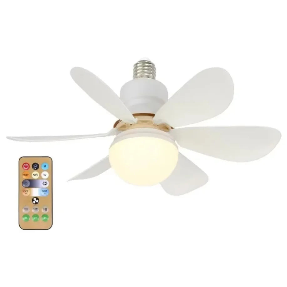Ceiling fan light with E27 screw base, six white blades and warm glowing bulb, remote control shown below