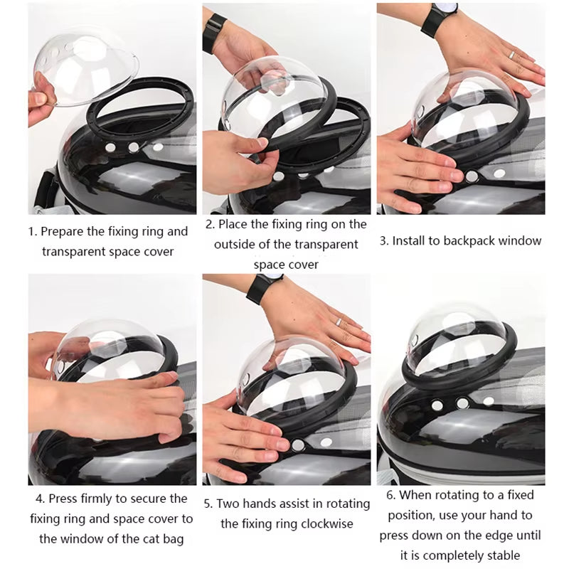 Six-step diagram showing how to install the fixing ring and clear bubble cover onto the backpack window