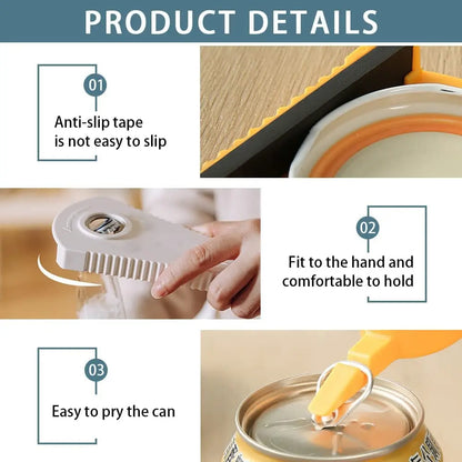 Product details collage: anti-slip tape underside, hand gripping the opener on a jar lid, and the ring puller opening a soda can