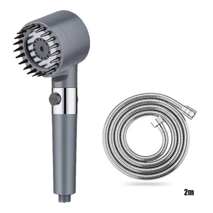 Grey shower head with a coiled 2-meter chrome hose, white background