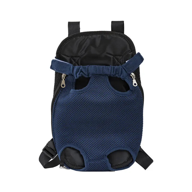 Navy blue front-carry mesh pet backpack, empty, front view on white background