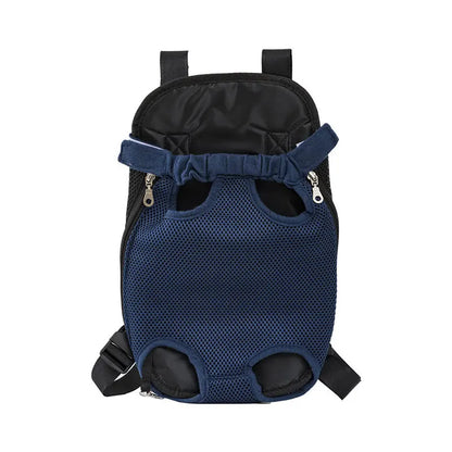 Navy blue front-carry mesh pet backpack, empty, front view on white background