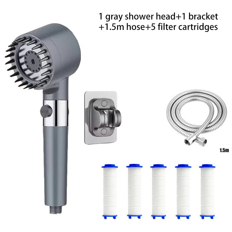 Grey shower head kit including bracket, 1.5-meter chrome hose and 5 filter cartridges laid out, white background