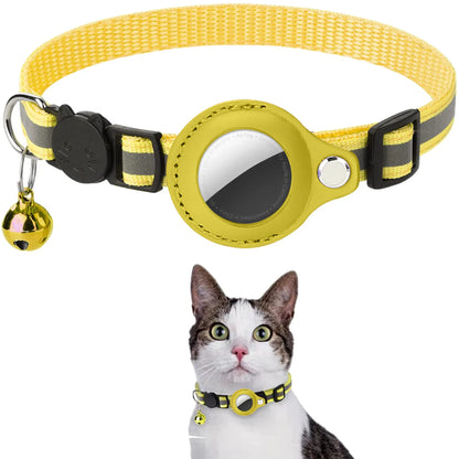 Yellow striped collar with reflective stripe, AirTag holder, and bell charm; inset of a tabby-and-white cat wearing it