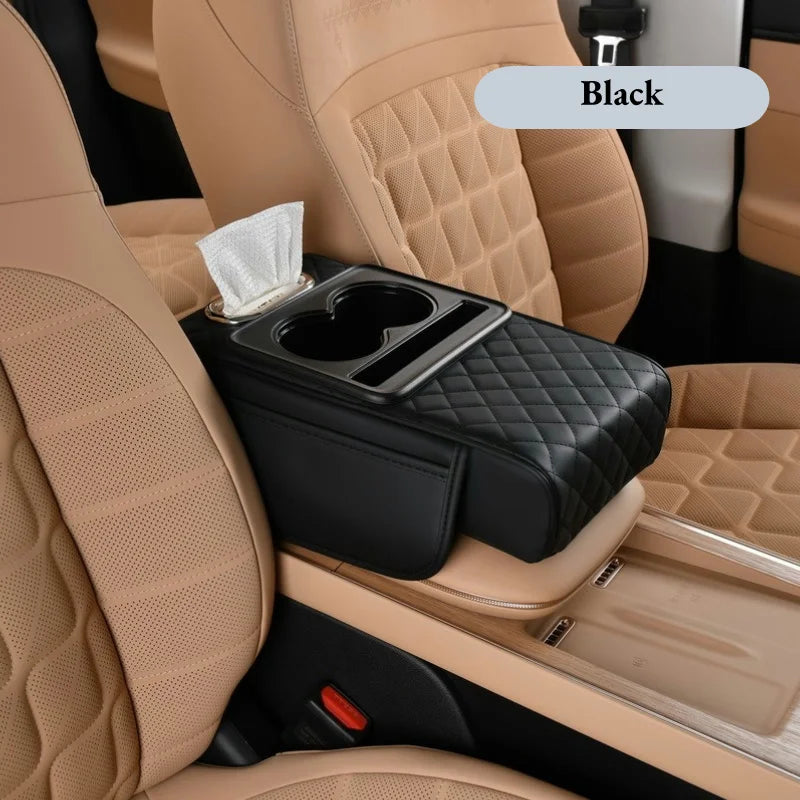Black colorway of the quilted armrest cushion with cup holder tray and tissue box, labeled Black