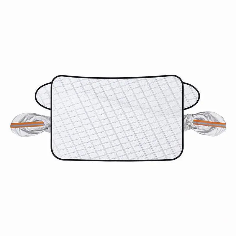 Flat product shot of the silver quilted windshield cover with two attached foil mirror pouches