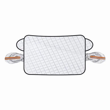 Flat product shot of the silver quilted windshield cover with two attached foil mirror pouches