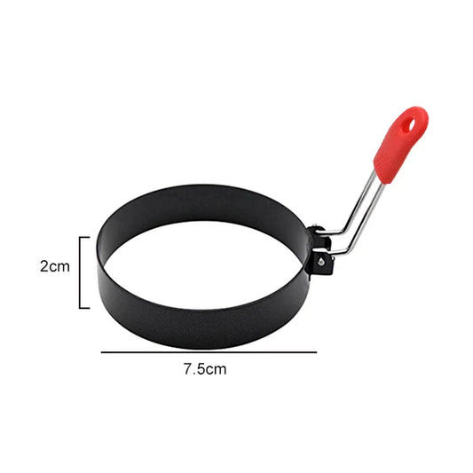 Black egg ring with red silicone handle, dimension diagram showing 7.5cm diameter and 2cm height