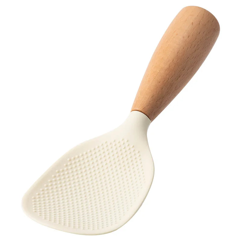 White silicone rice paddle with beech wood handle, angled studio shot on white background