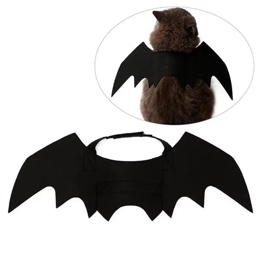 Flat lay of black felt bat wings costume with harness strap, inset circle shows a brown fluffy cat wearing it from behind