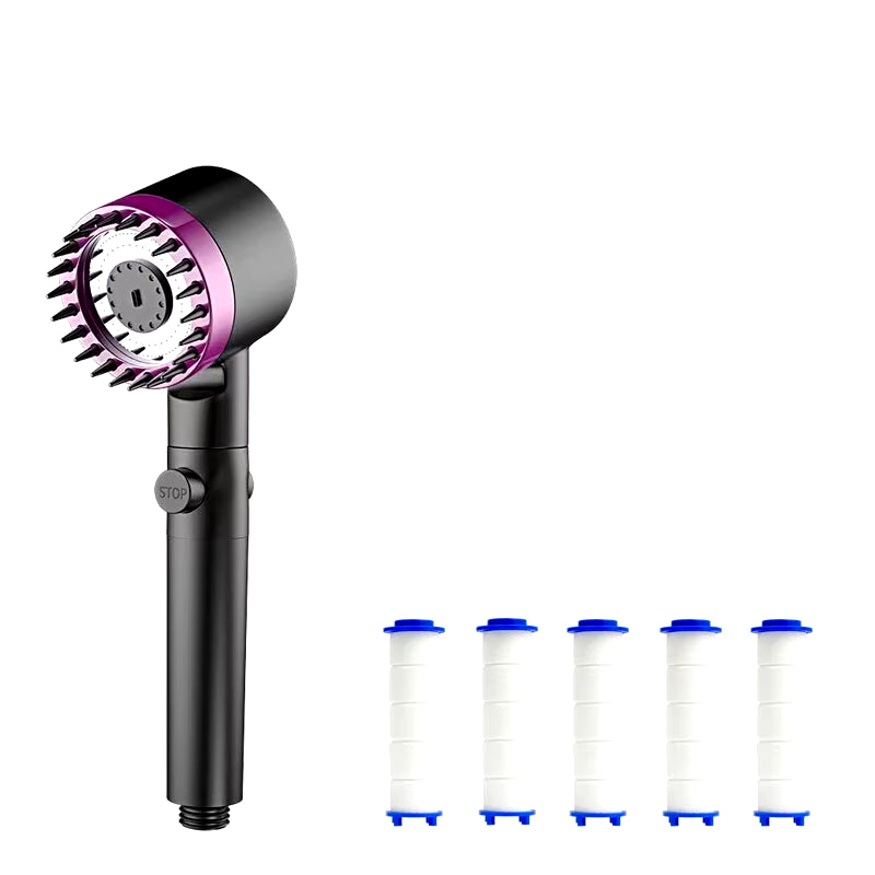Black and purple shower head with five white replacement filter cartridges, white background