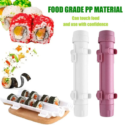 Food grade PP material graphic showing sushi rolls beside white and pink sushi-making tubes