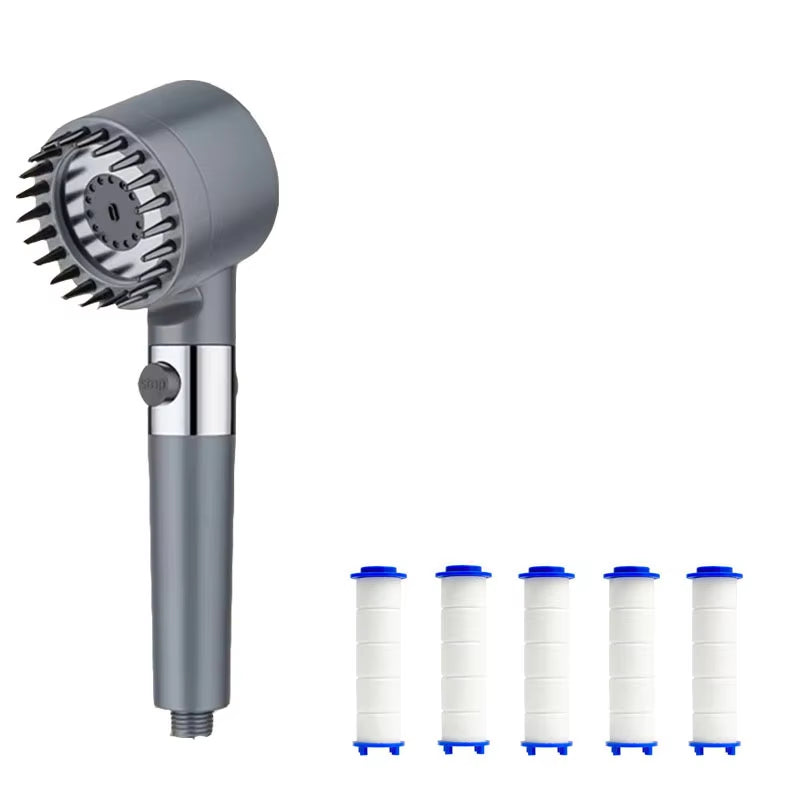 Grey shower head with five white replacement filter cartridges, white background