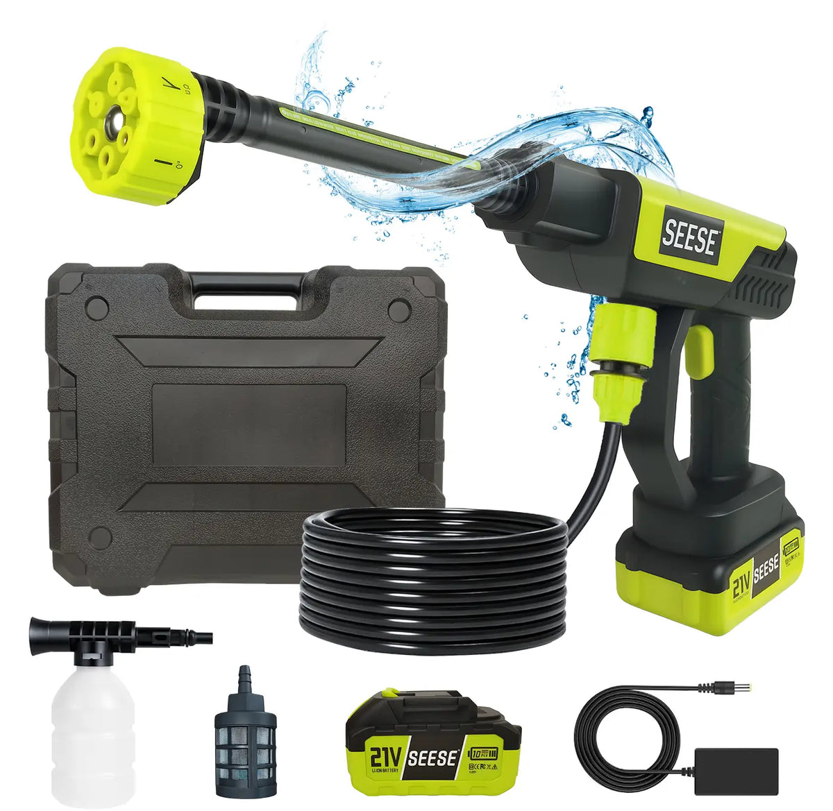 Cordless pressure washer spraying a strong stream of water from the nozzle