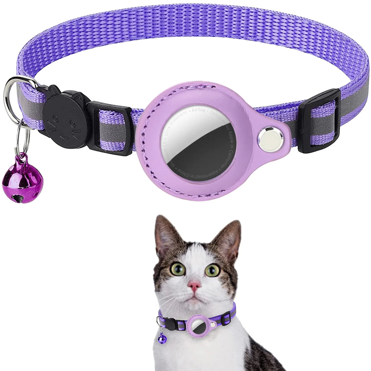 Purple striped collar with reflective stripe, AirTag holder, and bell charm; inset of a tabby-and-white cat wearing it
