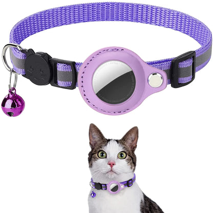 Purple striped collar with reflective stripe, AirTag holder, and bell charm; inset of a tabby-and-white cat wearing it