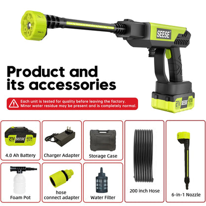 Full kit laid out: pressure washer, carrying case, hose, charger, hose adapter, foam bottle, and water filter