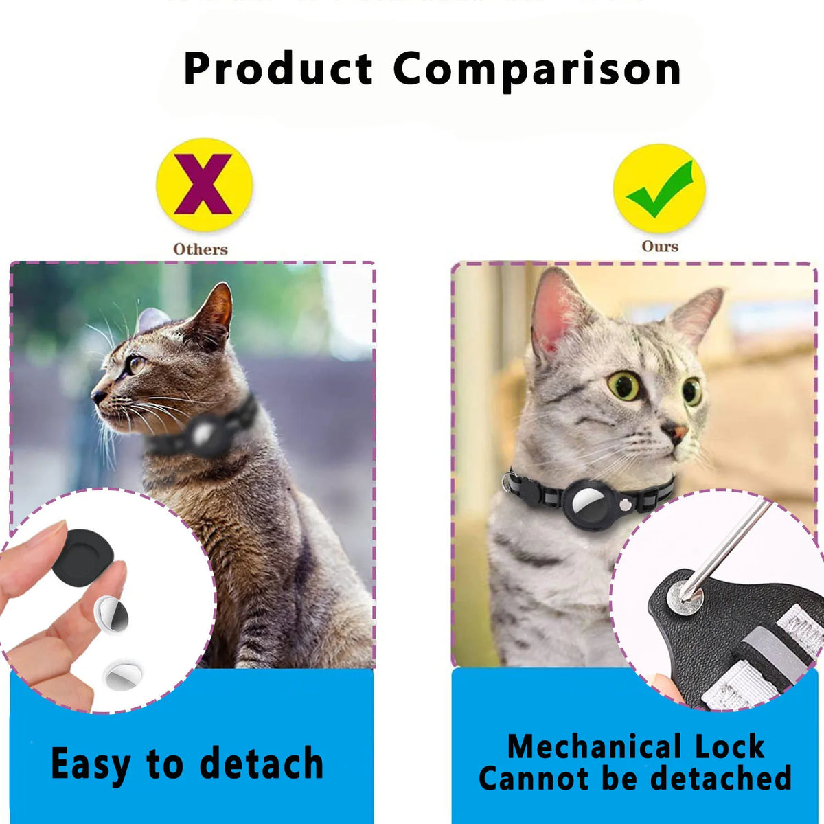 Comparison graphic: a competitor's easily detached AirTag holder versus this collar's screw-locked, non-detachable holder