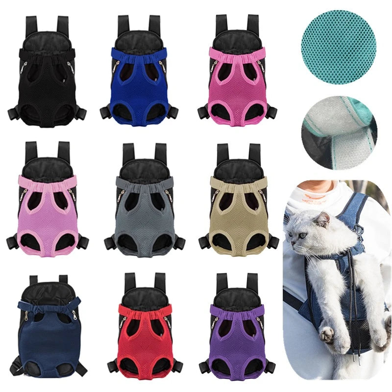 Grid of the backpack in ten color options with fabric texture close-ups and a white cat carried in the blue version