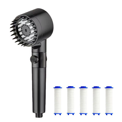 Plain black shower head with five white replacement filter cartridges, white background