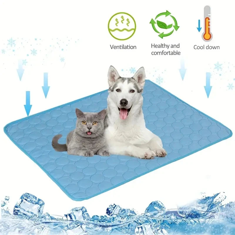 Blue cooling mat with a grey cat and husky lying on it, with icons for ventilation, comfort, and cool down plus ice cubes graphic