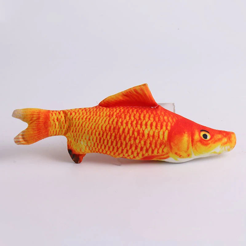 Realistic bright orange koi-print plush fish toy with red dorsal fin, side view on white background