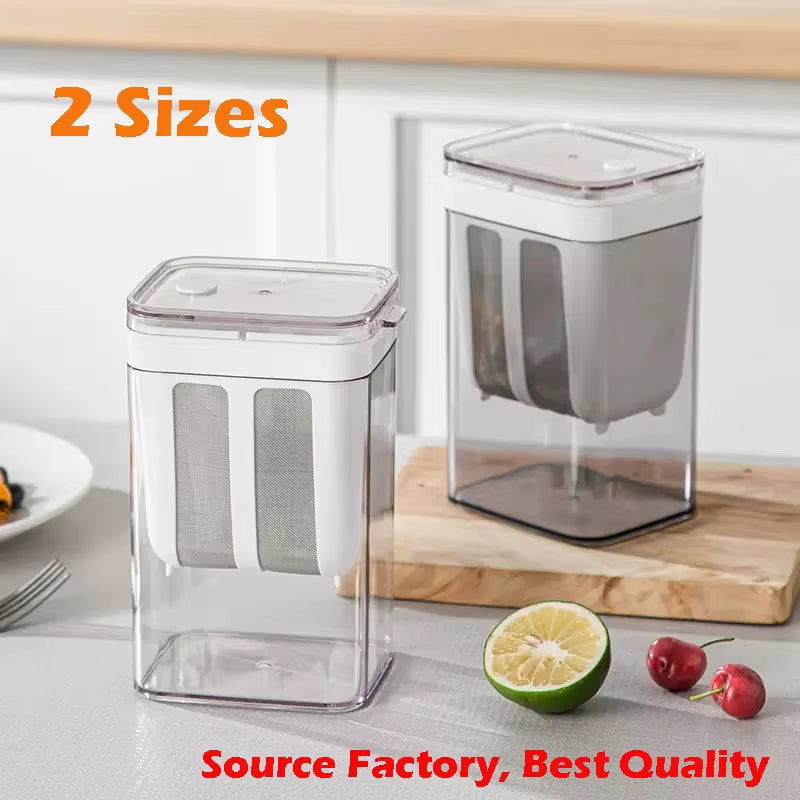 Small and large yogurt strainers side by side on a wood counter with lime and cherries, labeled 2 Sizes