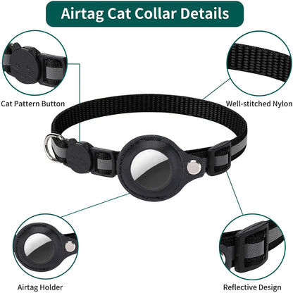 Labeled diagram of the black collar highlighting cat-pattern buckle, stitched nylon strap, AirTag holder, and reflective stripe