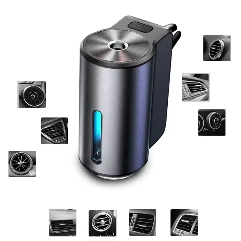 Diffuser shown mounted in several different vent shapes with small inset photos around a central product shot