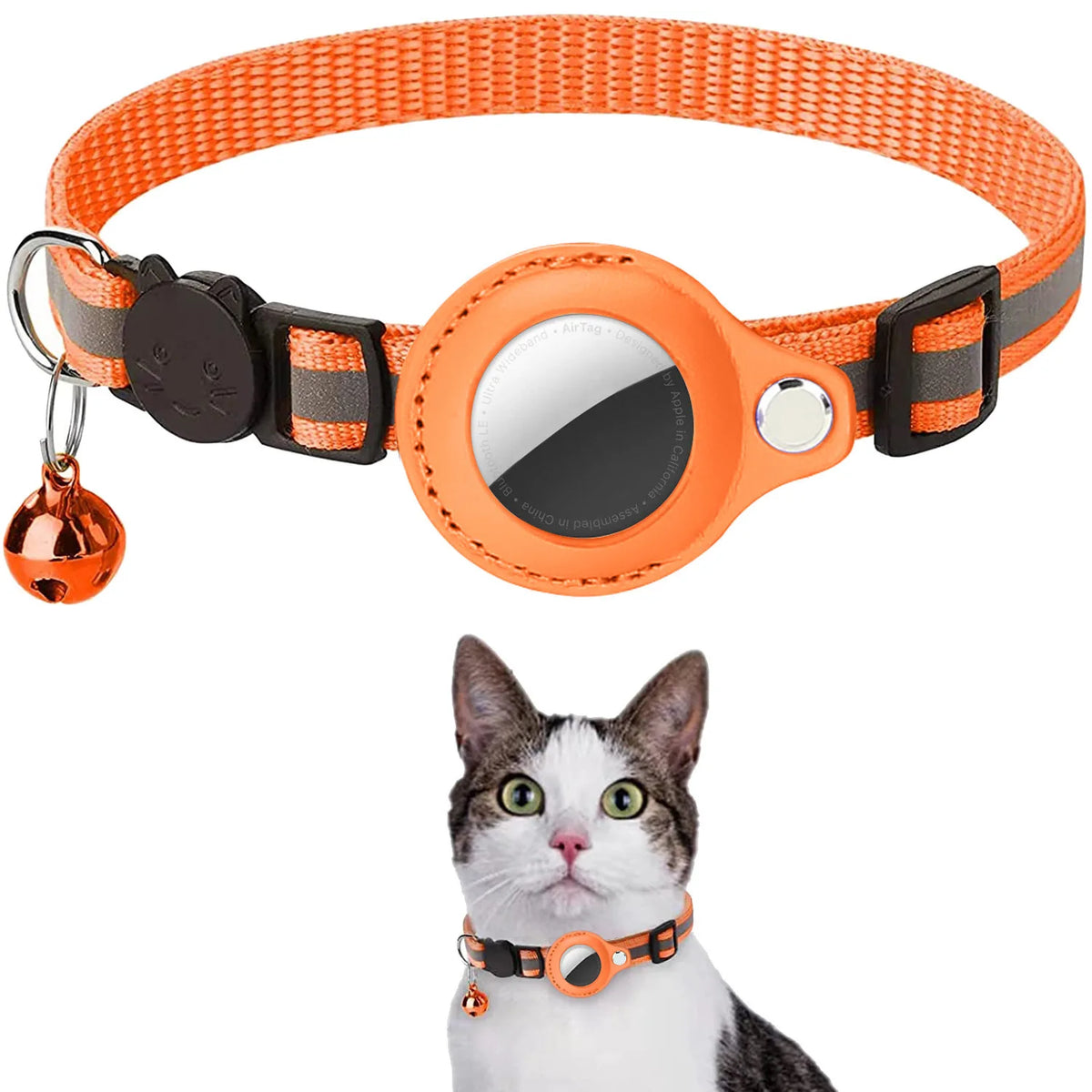 Orange striped collar with reflective stripe, AirTag holder, and bell charm; inset of a tabby-and-white cat wearing it