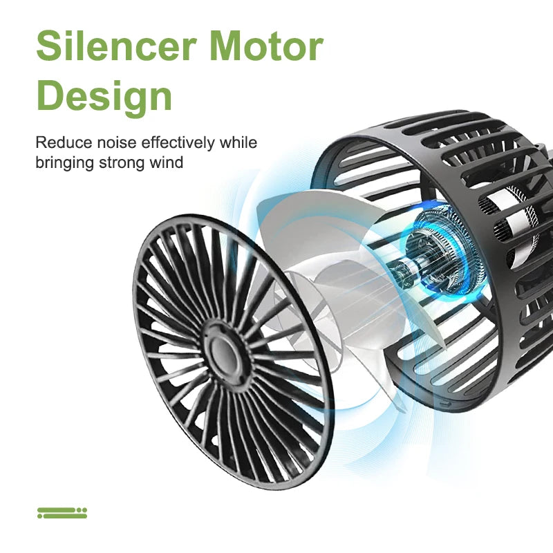 Cutaway diagram of one fan head showing the internal blades and motor, labeled Silencer Motor Design