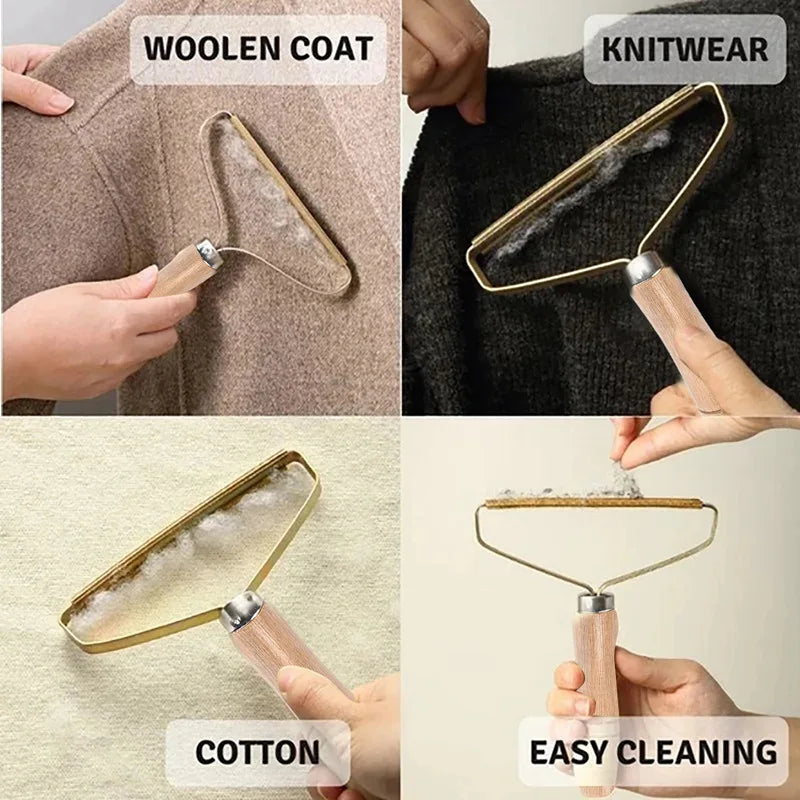 Four-panel photo showing the comb removing hair from a woolen coat, knitwear, cotton fabric, and during easy cleaning