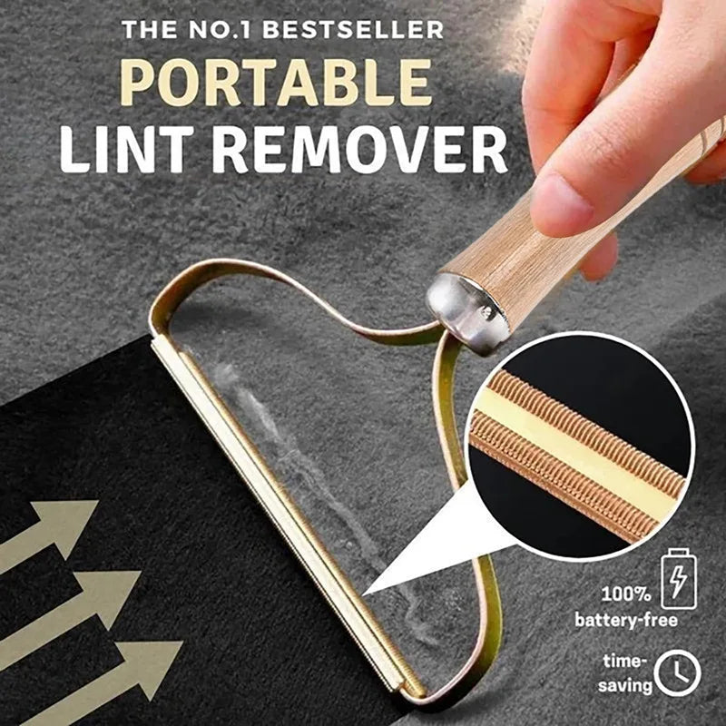 Bestseller graphic with close-up of the gold comb teeth lifting lint from dark grey fabric, noting battery-free and time-saving