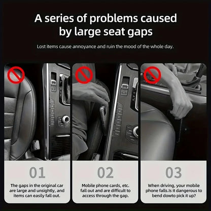Black and white graphic showing three problems caused by wide seat gaps, including a dropped phone
