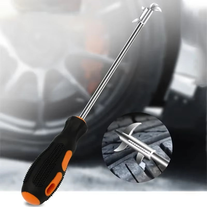 Tool laid diagonally in front of a blurred car wheel, with a close-up inset of the hook tip pressed into tire tread