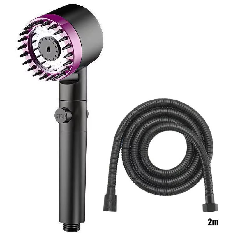 Black and purple shower head with a coiled 2-meter black hose, white background