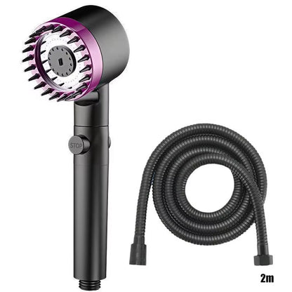 Black and purple shower head with a coiled 2-meter black hose, white background