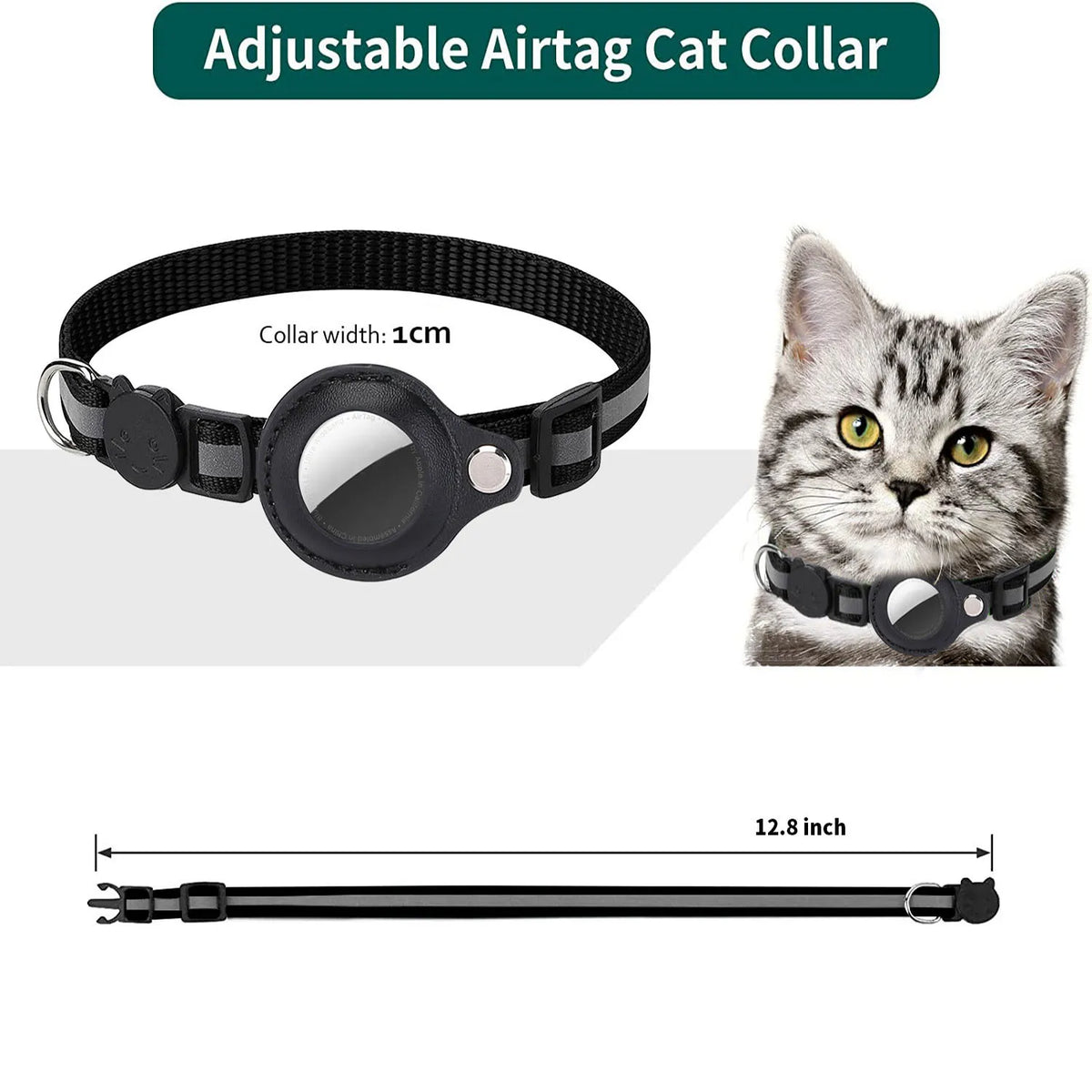 Diagram noting 1cm collar width and 12.8 inch total length, with a close-up of a grey tabby kitten wearing the collar
