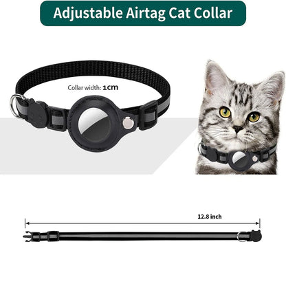 Diagram noting 1cm collar width and 12.8 inch total length, with a close-up of a grey tabby kitten wearing the collar