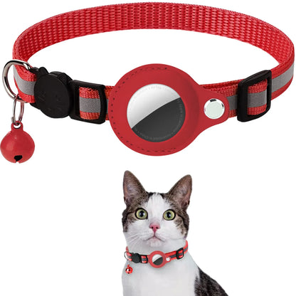 Red striped collar with reflective stripe, AirTag holder, and bell charm; inset of a tabby-and-white cat wearing it