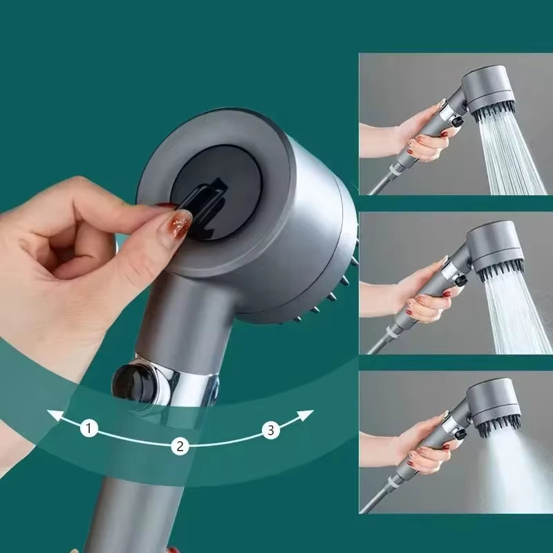 Hand adjusting the spray mode dial on a grey shower head, with three insets of it spraying in hand